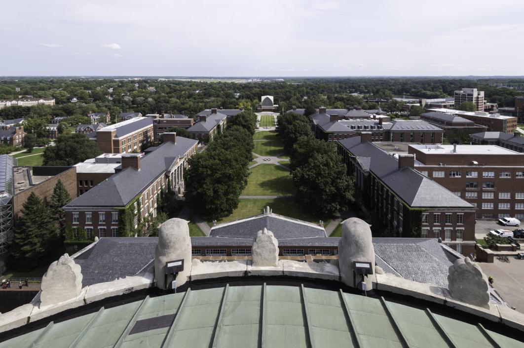The University of Rochester campus as seen from the top of the Rush Rhees Library Tower, facing the Interfaith Chapel